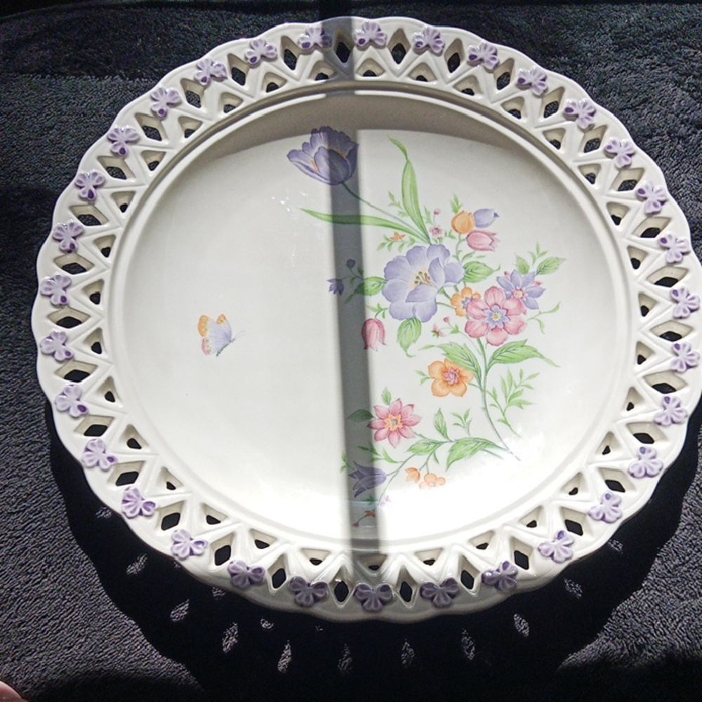 Lattice Edge Floral Plate with Purple and Pink Accents
